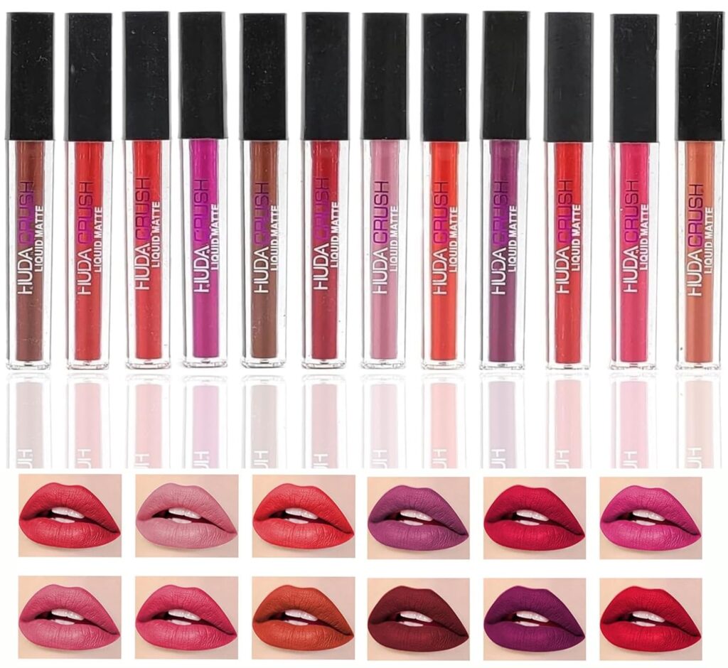 HUDACRUSH Huda Crush Beauty Pack Of 12Pcs Matte Liquid Lipstick Makeup Set, Long-Lasting Ultra Smooth Waterproof Multicolor Velvety Lips Gloss Make Up Gift Set For Girls