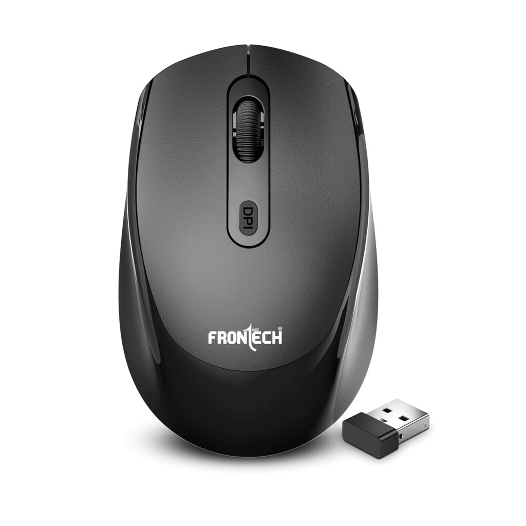 FRONTECH MS-0074 Wireless Mouse, 2.4GHz with USB Receiver, High Precision Optical Tracking, 4 Buttons, Plug & Play, Ergonomic Design for PC/Mac/Laptop (Black)