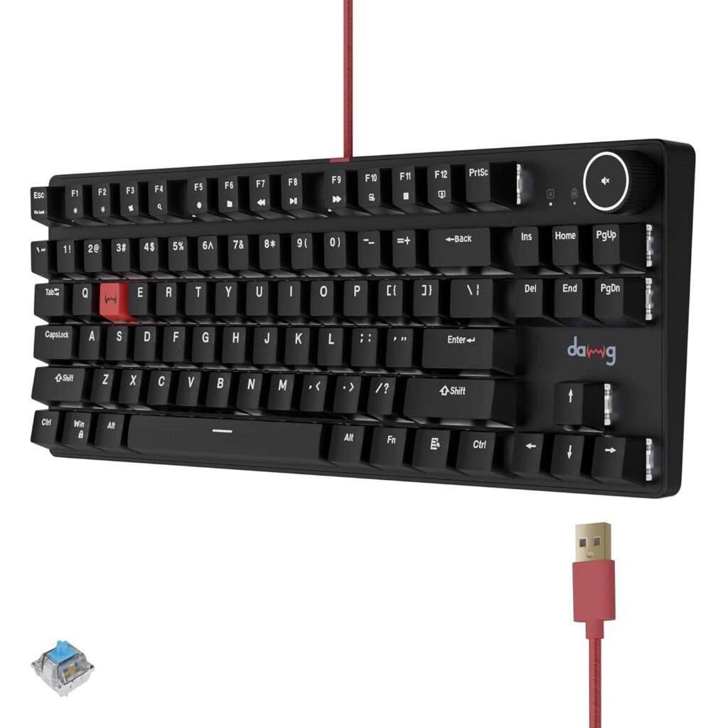 daWg Highkey 373, Anti-Ghosting Wired Mechanical 80% Keyboard, White Backlit LED, daWg Glacier Tactile Switches, 85 Double-Shot PBT Keycaps, 1000Hz Polling Rate, Volume Knob, 1.8m Braided Cable