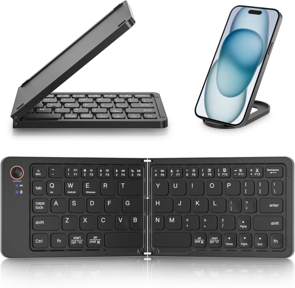 CLUSPEX Mini Foldable Bluetooth Keyboard - Wireless Keyboard with Holder Travel Portable Rechargeable Keyboard for Android Windows iOS,Support 3 Devices (Black)