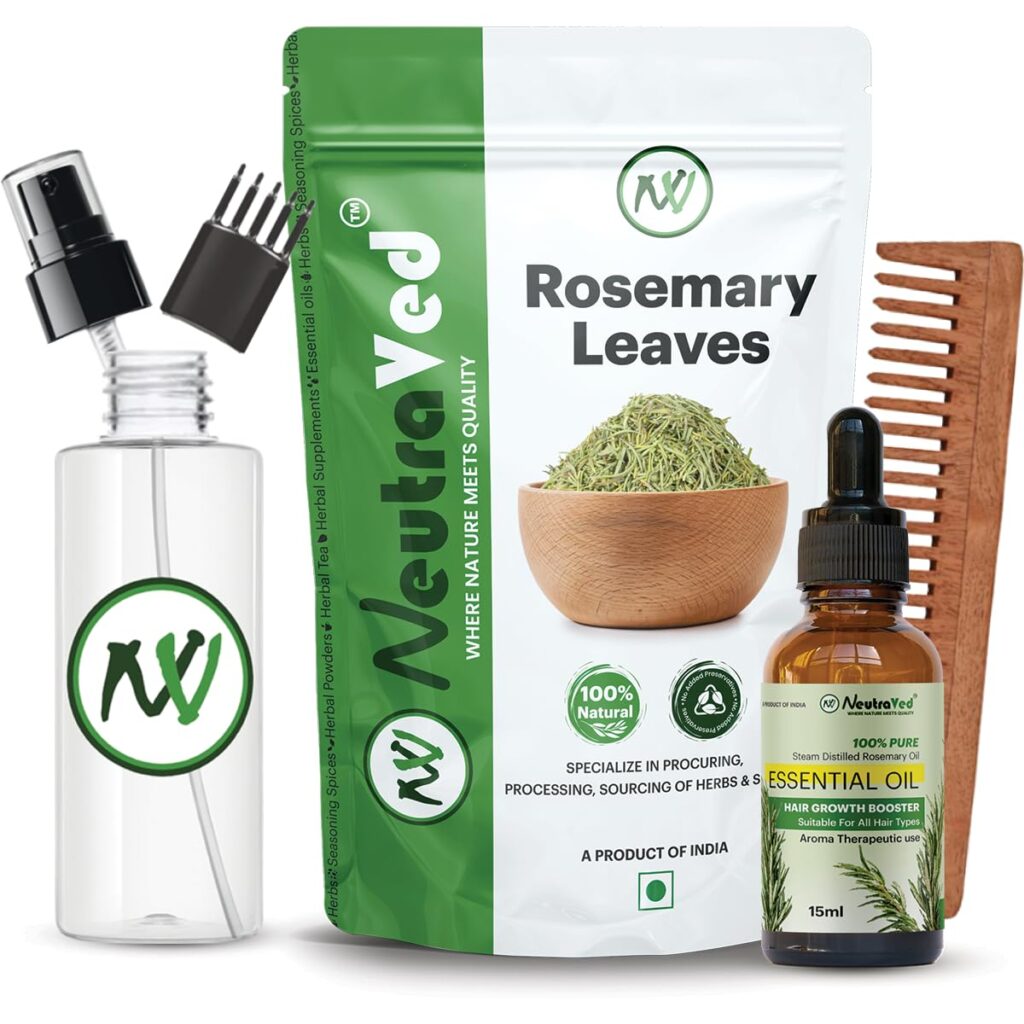 NeutraVed Rosemary Combo Pack - 15ml Rosemary Essential Oil + 100g Rosemery Leaves + Spray Bottle + Wooden Neem Comb + Comb Applicator | Hair Nourishment & Scalp Care Kit | 100% Pure & Natural