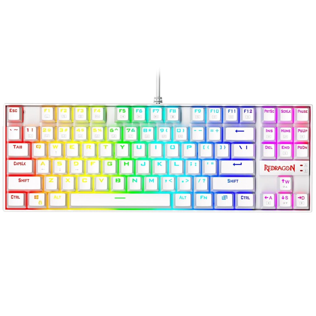 Redragon K552W-RGB 60% Mechanical Gaming Keyboard Compact 87 Key Mechanical Computer Keyboard KUMARA USB Wired Cherry MX Blue Equivalent Switches for Windows PC Gamers (White RGB Backlit)