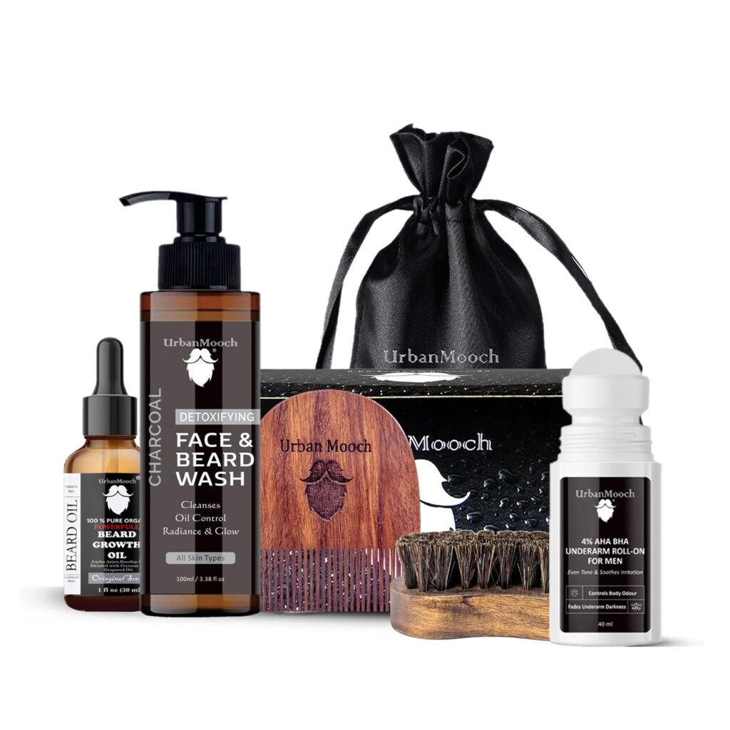 UrbanMooch Men’s Grooming Kit – Charcoal Face & Beard Wash 100ml, Beard Growth Oil, Sheesham Wood Beard Comb, Boar Bristle Beard Brush & 4% AHA BHA Underarm Roll On – Beard Care & Underarm Freshness Combo