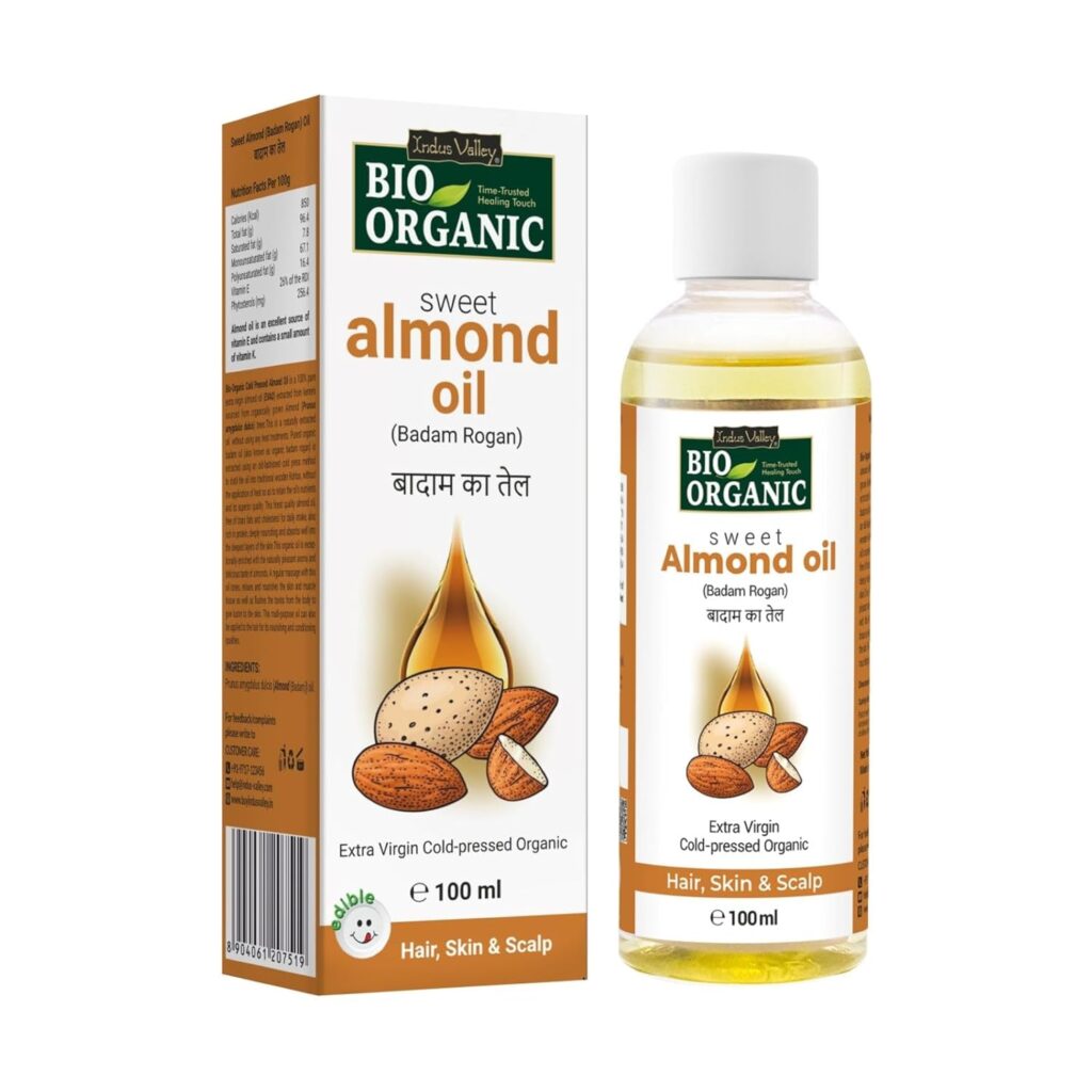 INDUS VALLEY Bio Organic Cold Pressed Almond Oil for Soft & Shiny Hair, Glowing Skin, Hair Damage Protection, Pure Roghan Badam Oil (Tail) for Baby Massage - 100ml