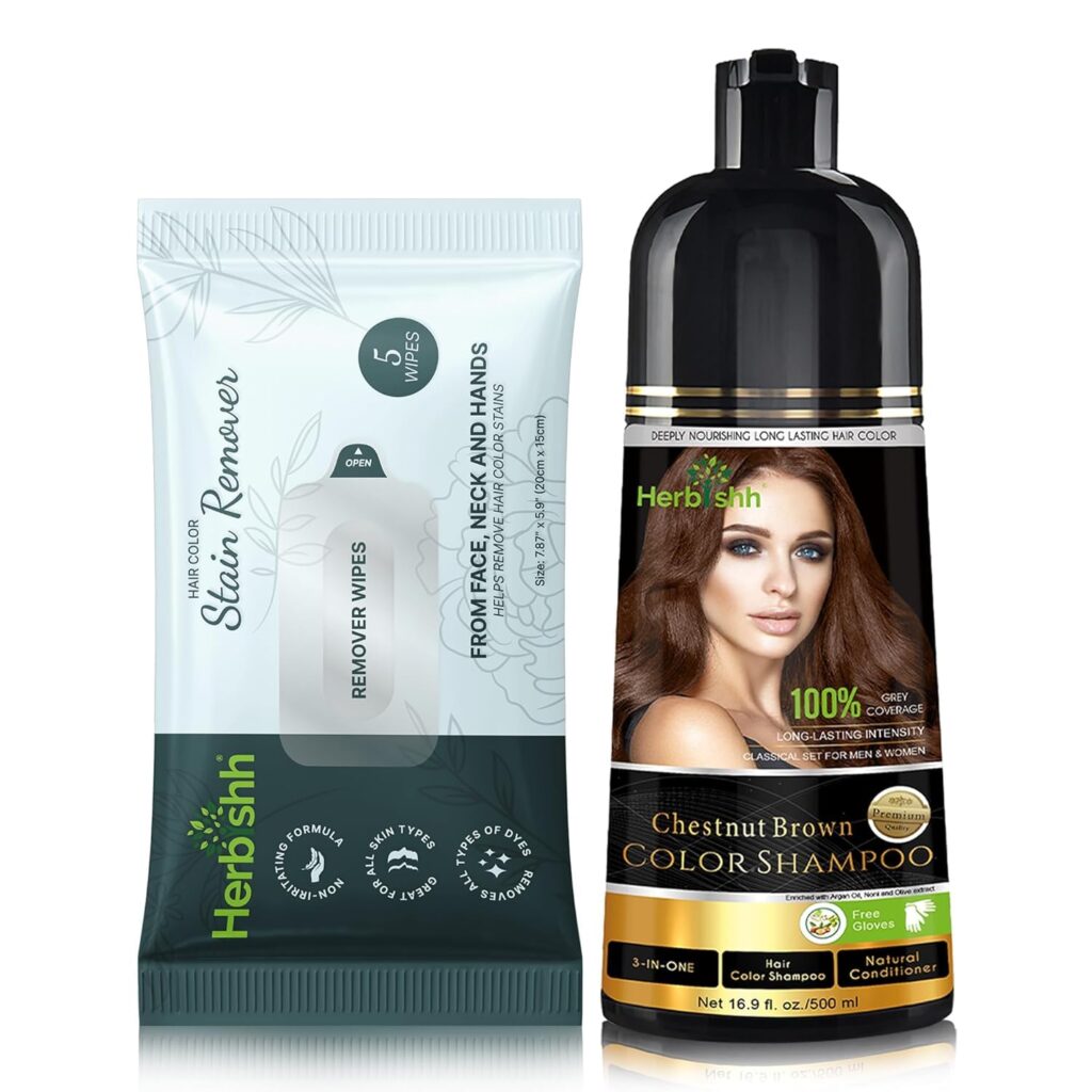 Herbishh Colour Shampoo Chestnut Brown 500mL + Travel-Sized Hair Dye Stain Remover Wipes, 5 Wipes