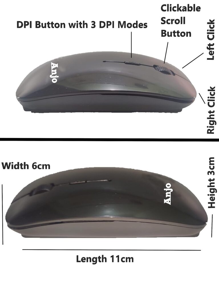 Anjo Silent Buttons 2.4 Ghz Wireless Mouse with USB, Advanced Optical LED Sensor Tracking, Plug N Play, 4 Buttons, 3 DPI Modes, 10m Range