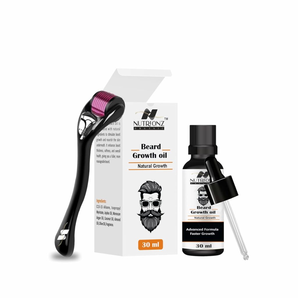 Nutrionz Organic Beard Growth Oil for Beard and Moustache Oil, 30 ml | Beard Oil for men | Non-Sticky, Light | Almond Oil, Aloe vera, Vitamin E | Shiny Nourished Beard Growth with derma roller 0.5 mm