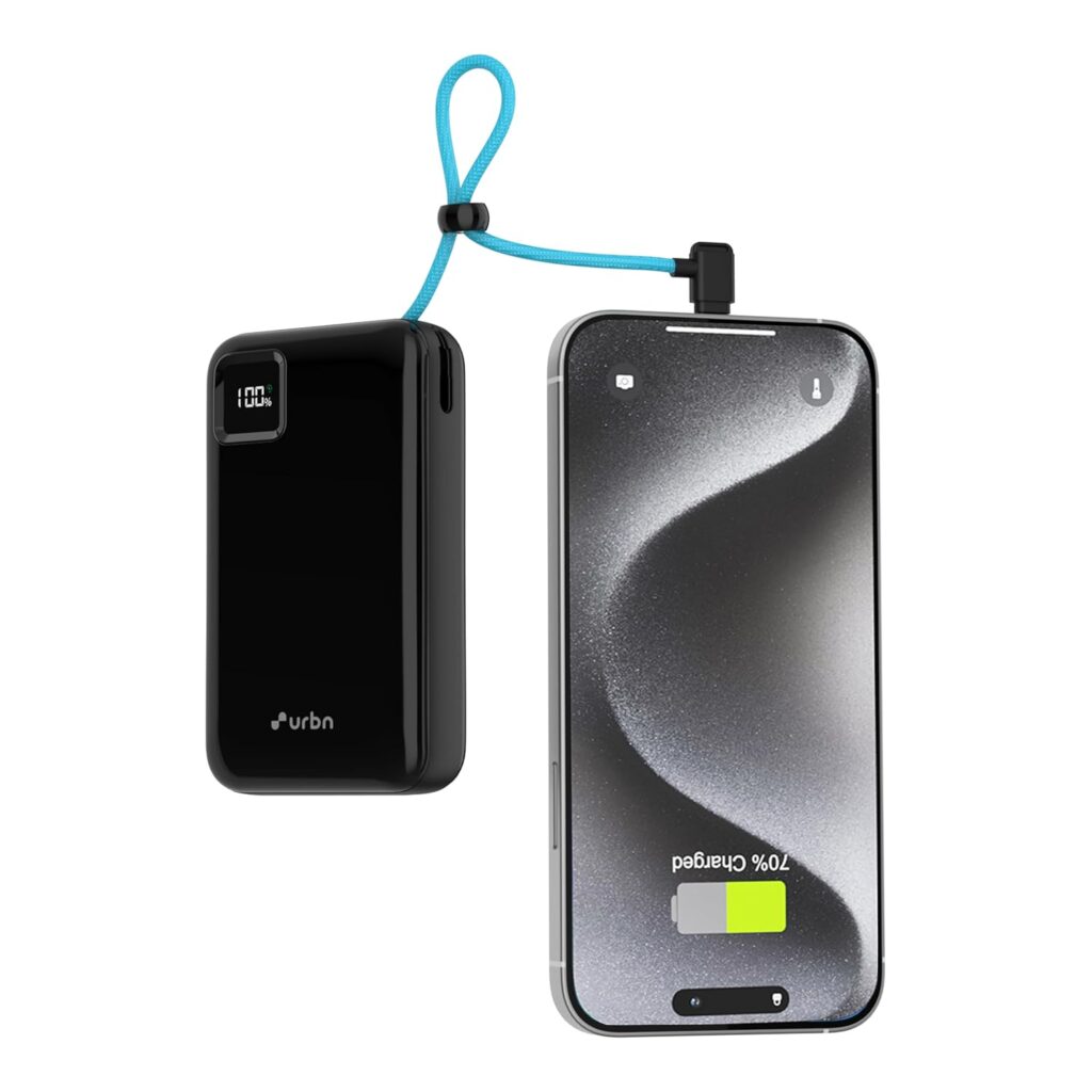 URBN 20000mAh Power Bank with Built-in USB Type-C Output Cable | 22.5W Super Fast Charging | Smart LED Display | Dual Type-C PD + USB Outputs | Pocket Size Portable Charger for Quick Charge (Black)