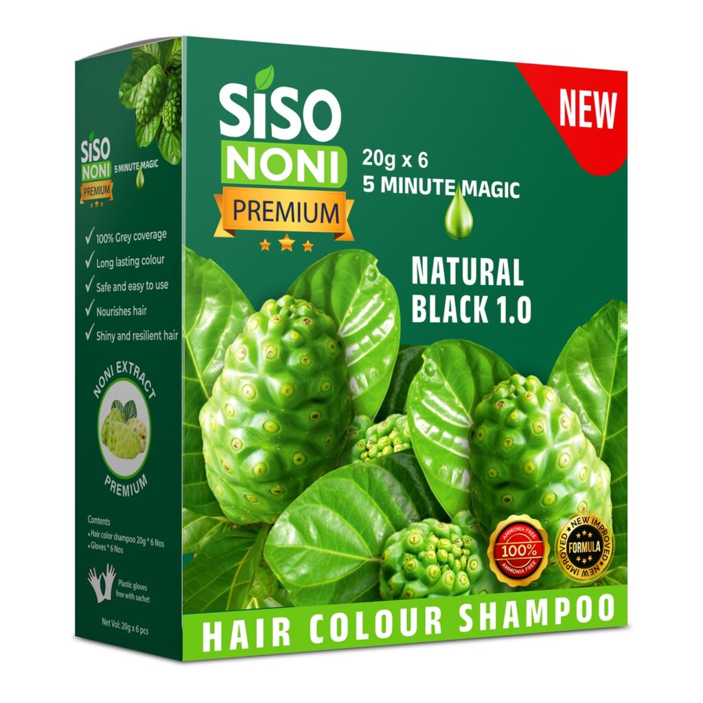 Siso Premium Noni Black Hair Colour Shampoo 20G (Pack of 6) | Ammonia Free, Natural Black Permanent Hair Dye for Men & Women | Noni Fruit Enriched, 5 Minutes Hair Colour