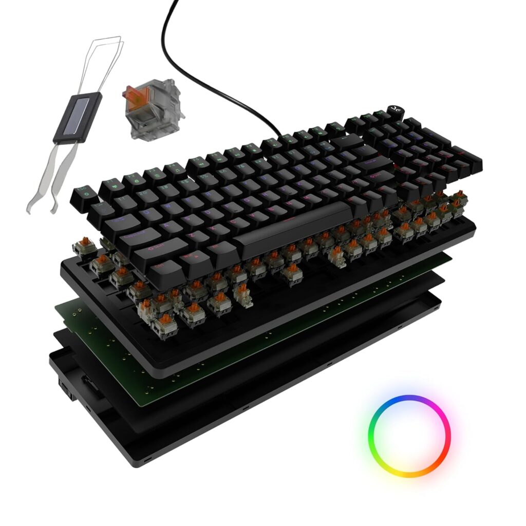 Kreo Hive 98 Wired RGB Mechanical Gaming Keyboard | Full Size 98 Keys, Metal Volume Knob, Per-Key RGB, Hot-Swappable Switches (All Black, Brown)
