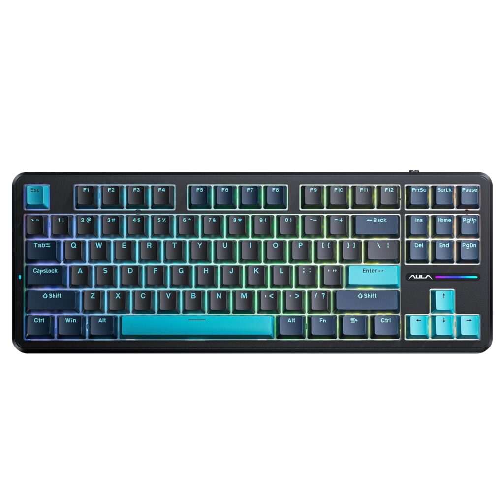 AULA F87 Wireless Mechanical Keyboard | 75% TKL Gasket Custom Hot Swappable, 2.4Ghz/Type-C/Bluetooth Gaming Keyboard | Pre-lubed Switch RGB Backlit Keyboard (Blue+Black+Cyan,Gray Wood V4 Switch)