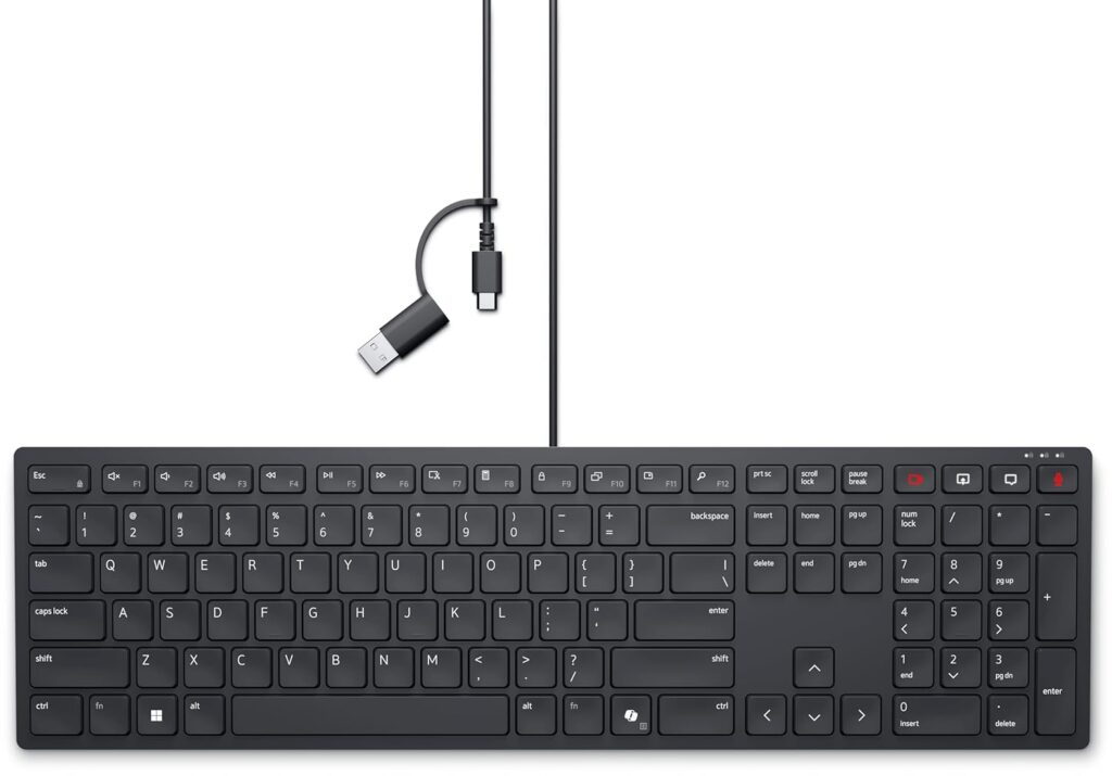Dell KB525C-Black, Wired Collaboration Keyboard, Quiet Keys, Spill Resistant, Low-Profile Keys, Adjustable Tilt, Illuminated, USB Type C-Interfaces Port, Warranty 3 Years