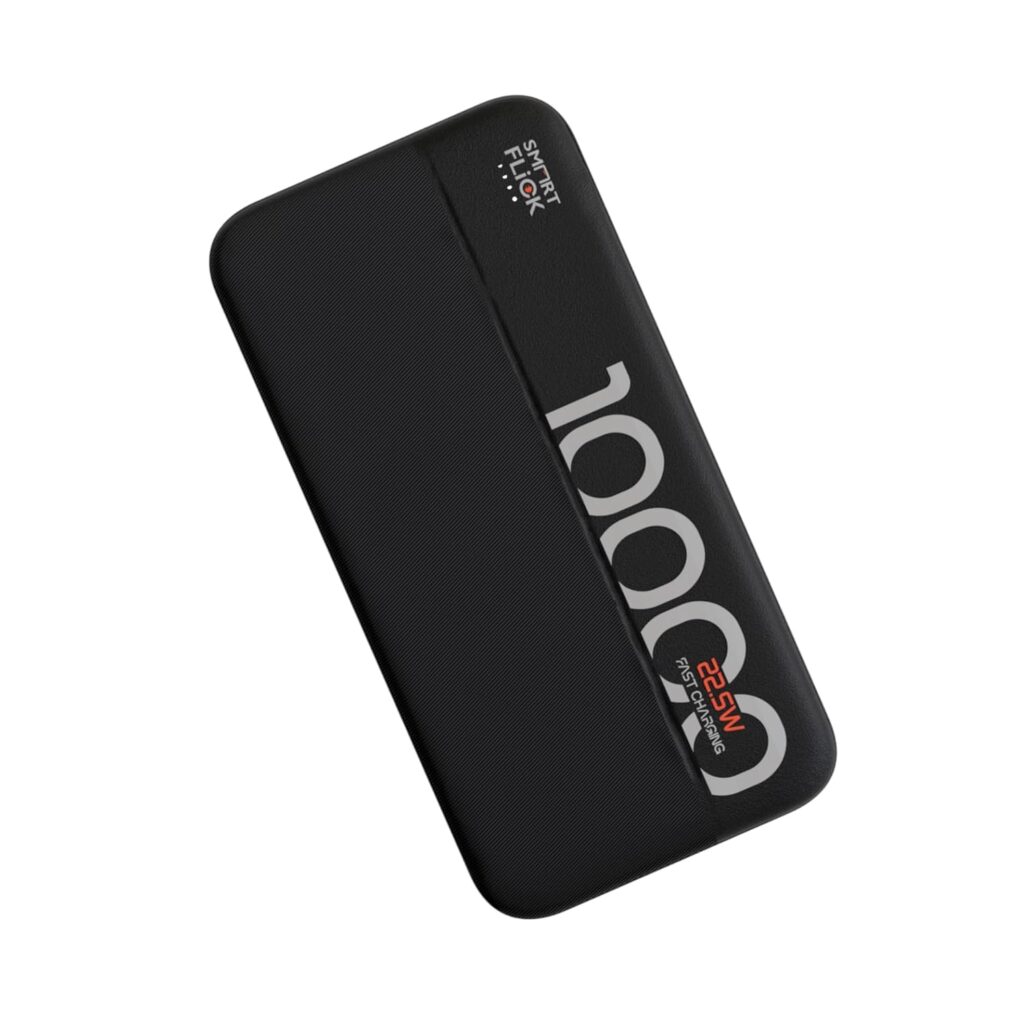 Smart Flick Quick Power Slim & Compact Powerbank 10000mAh, 22.5W Fast Charging, USB & Type C Output, QC 3.0, Power Delivery, Quick Charge for iPhone, Android & Other Devices + Type C Cable (Black)