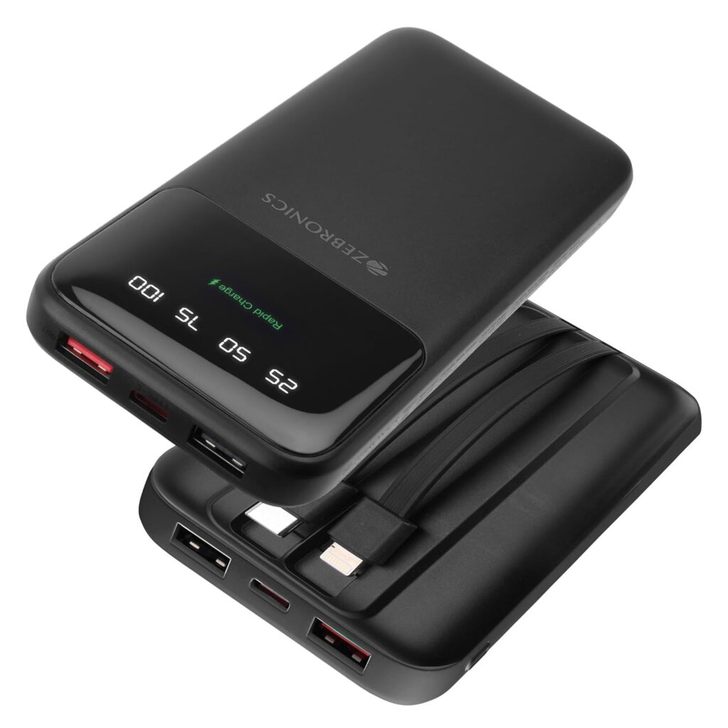 ZEBRONICS MW60 Power Bank 10000 mAh | 20W Fast Charge | Dual USB, Dual Type-C, Lightning Output | Type-C PD | Built-in I/O Cables | LED Indicator | Made in India (Black)