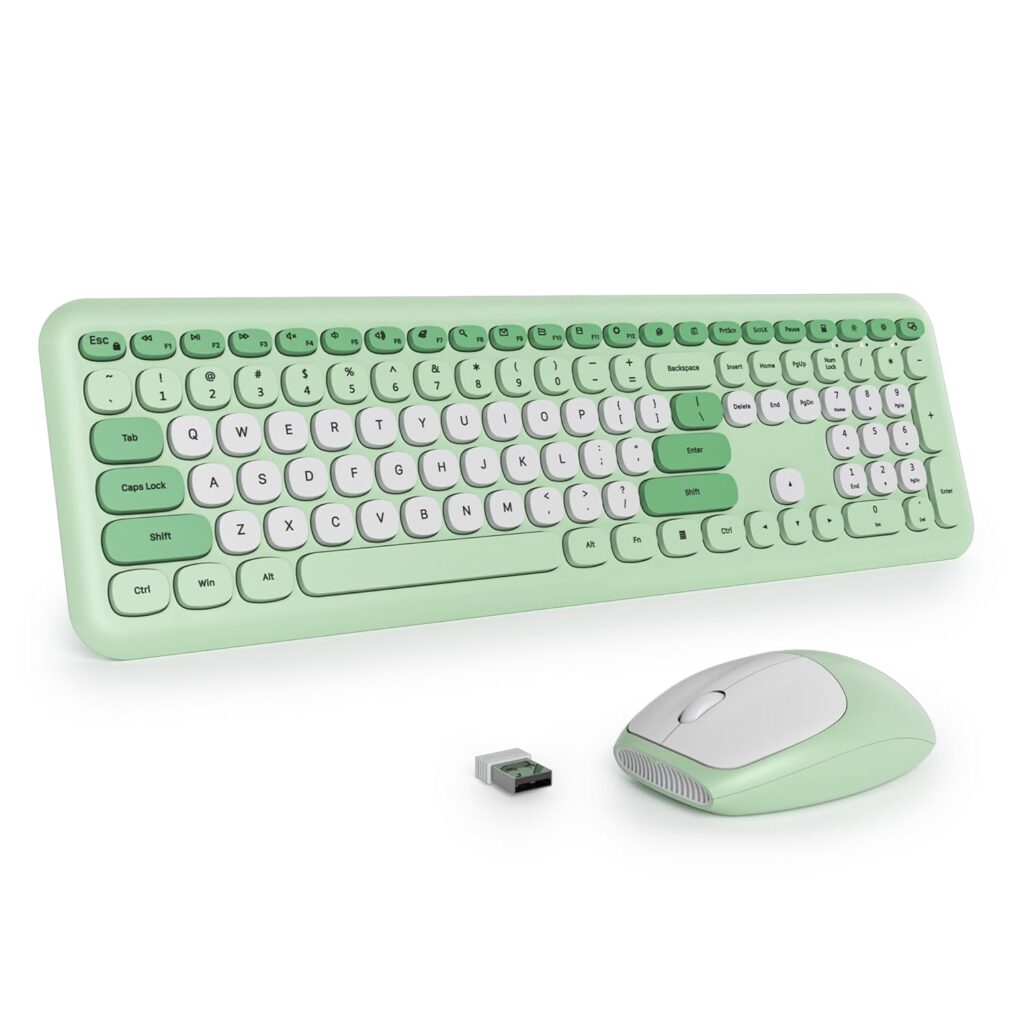 surmen Cute Wireless Keyboard and Mouse Combo, Blue Wireless Keyboard with Silent Mouse, Full Size Slim Low-Noise Keyboard Soft Touch Round Keys for Home and Office(Colorful Green)
