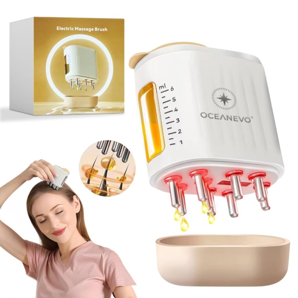Oceanevo Rechargeable Electric Hair Oil Applicator for Scalp, Massager with Red Light Therapy for Hair Growth, 6 ML Capacity - 6.5 x 5.5 x 3 Cm - Beige
