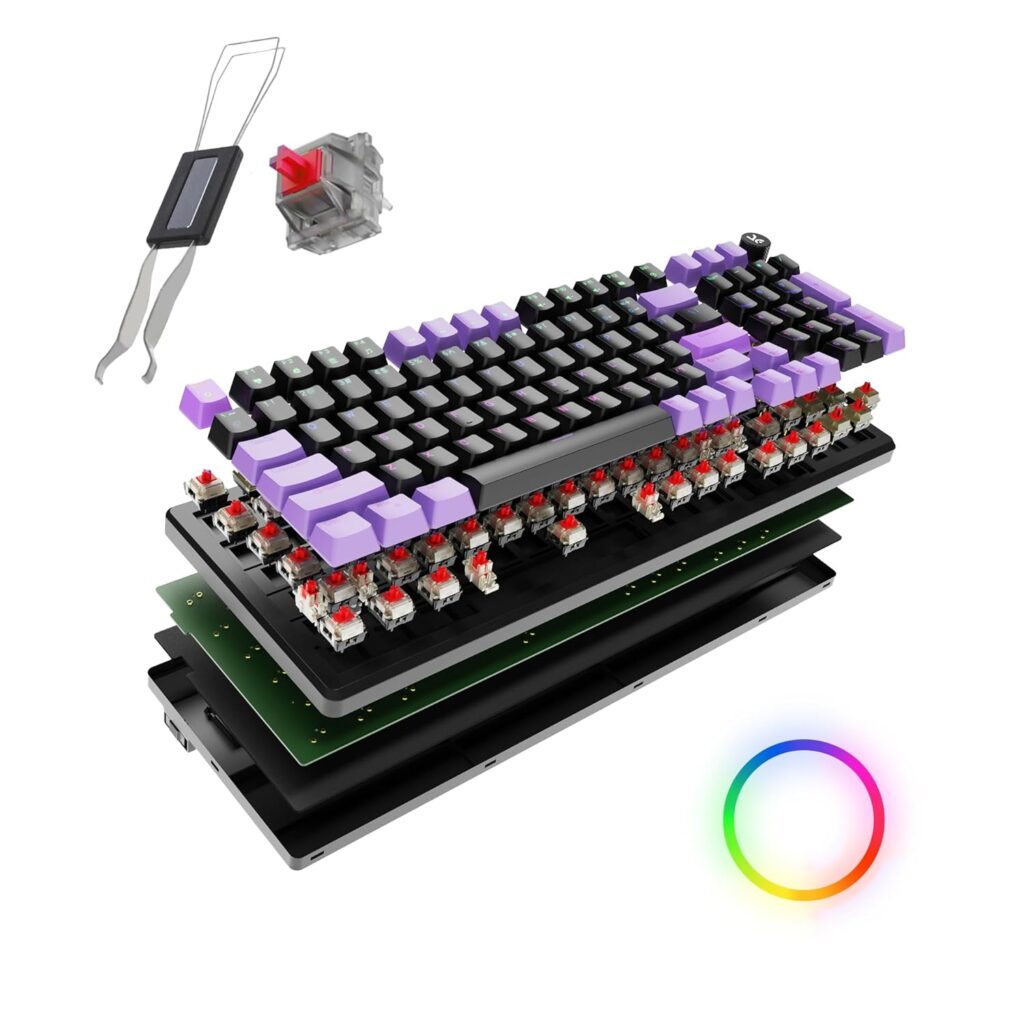 Kreo Hive 98 Wired RGB Mechanical Gaming Keyboard | Full Size 98 Keys, Metal Volume Knob, Per-Key RGB, Hot-Swappable Switches (Black-Purple, Red)