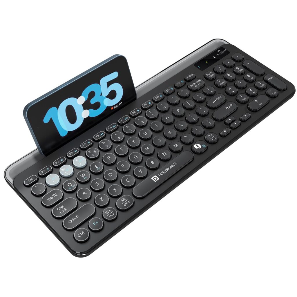 Portronics Bubble 3.0 Wireless Keyboard with Bluetooth + 2.4 GHz USB Receiver, Rechargeable Battery, Dual Height Adjustment, Multimedia Hotkeys with Numpad, for Laptop, PC, Smartphone, Tablet(Black)