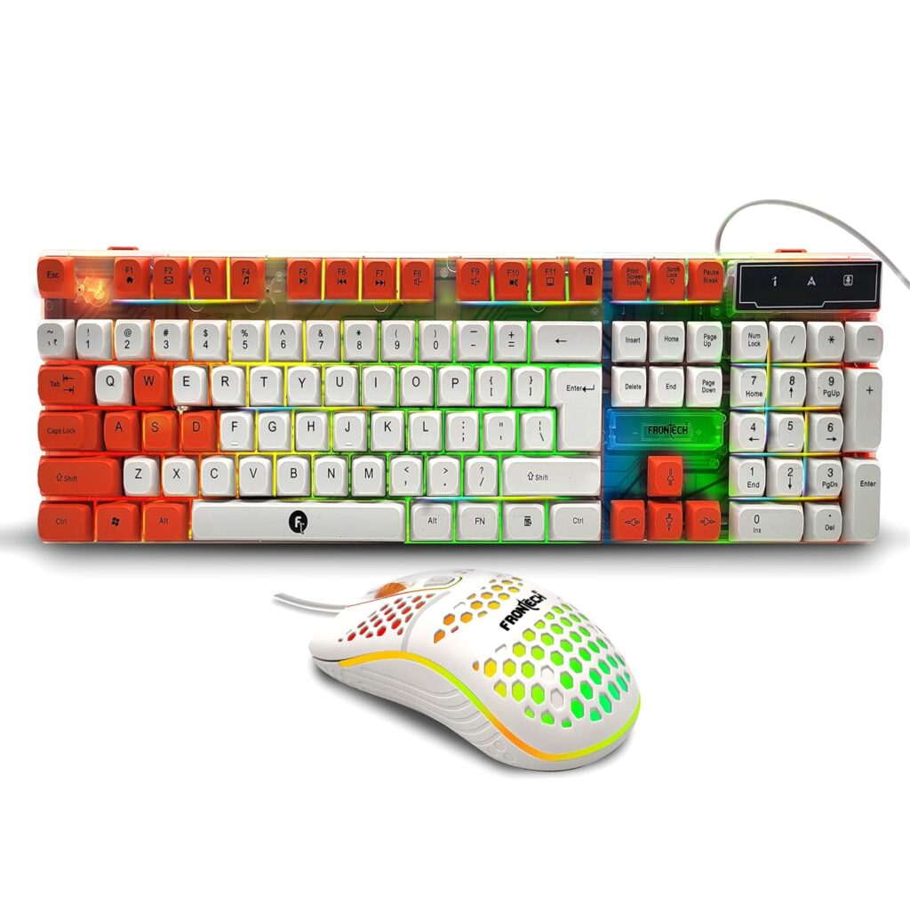 FRONTECH Nova Knight Gaming Keyboard and Mouse Combo with RGB Backlight Effects|4 Button Mouse | 1600DPI Resolution | USB Plug & Play| Ergonomic Design (KB-0043, Orange & White)
