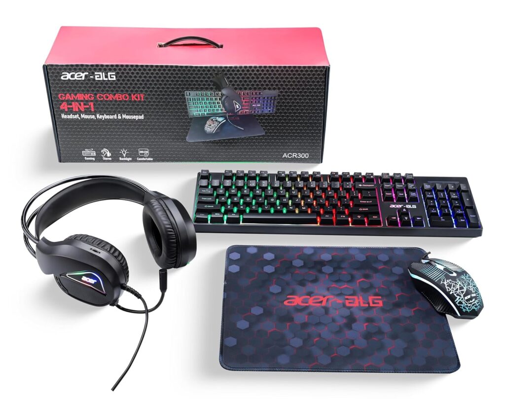 Acer 4 in 1 Wired Gaming Combo, 7 Color LED Backlit Keyboard, RGB Mouse (1200/1600/2400 DPI), Premium Gaming Headset (50mm Driver, 120dB) with Mixed Light Effect, Fabric Weave Mousepad (Black)