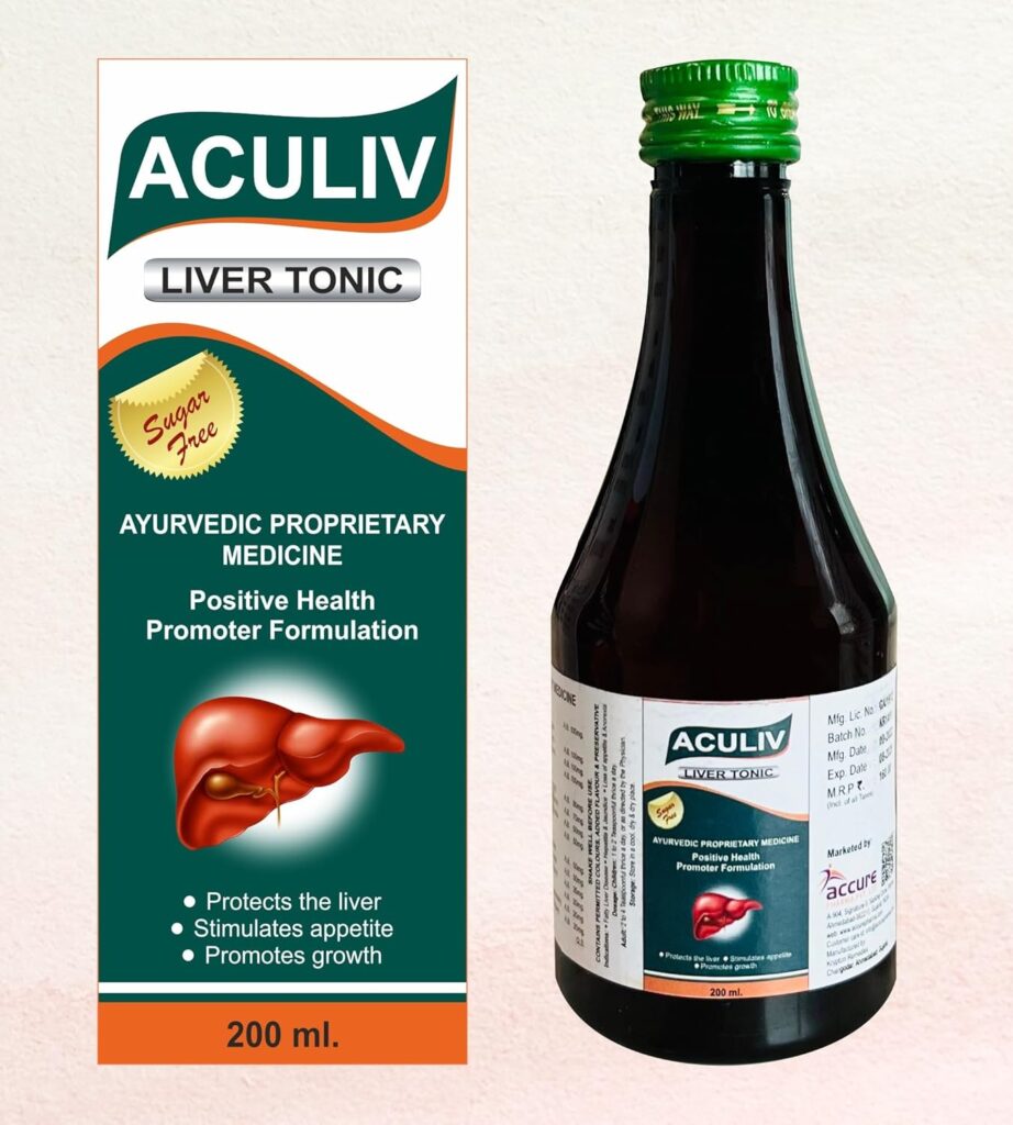Aculiv Liver Tonic | Ayurvedic & Sugar Free |200 ml | For fatty Liver, liver detox, Indigestion, Constipation| For men & women , Accure Pharma (BUY 3 SYRUPS AND GET 1 VIT. C MOISTURIZING LOTION WORTH RS. 249 FREE)