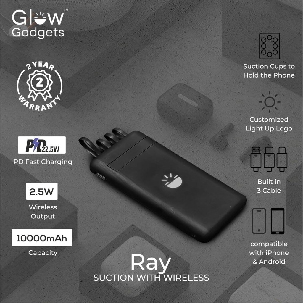 Glow Gadgets Ray 10000mAh Suction Wireless Power Bank – ABS Material, Compact & Convenient, Fast Charging, Portable Charger for iPhone, Android.
