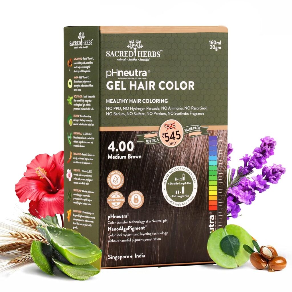 SACRED HERBS Ammonia & PPD Free Natural Organic Gel Hair Color for Men & Women | pH Neutral | Long Lasting Color with 100% Grey Coverage 160ml+20gm (MEDIUM BROWN, 180 ML)