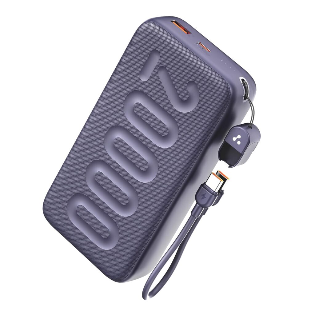 Ambrane 20000mAh Powerbank with in-Build Type C Cable, 22.5W Fast Charging, USB & Type C Output, Power Delivery, Quick Charge for iPhone, Android Mobile & Tablets, Earbuds, (Stylo N20, Purple)