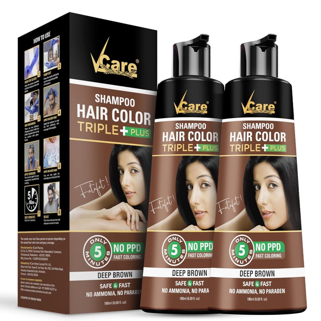 VCare Shampoo Hair Colour Shampoo - 180ml Brown for Men & Women | Only 5 Minute Hair Coloring Kit No Ammonia, Parabrn, Sulphate Pack of 2