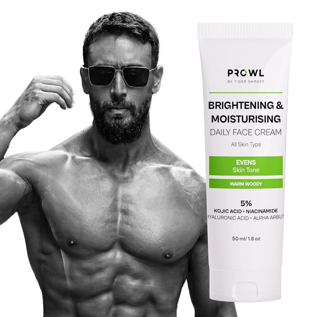 PROWL by Tiger Shroff Intense Face Brightening Moisturizer Cream 5%( Kojic Acid, Hyaluronic Acid, Niacinamide & Alpha Arbutin ) Daily Use Moisturiser Lotion For Dry Oily All Skin Type, Warm Woody,50ml