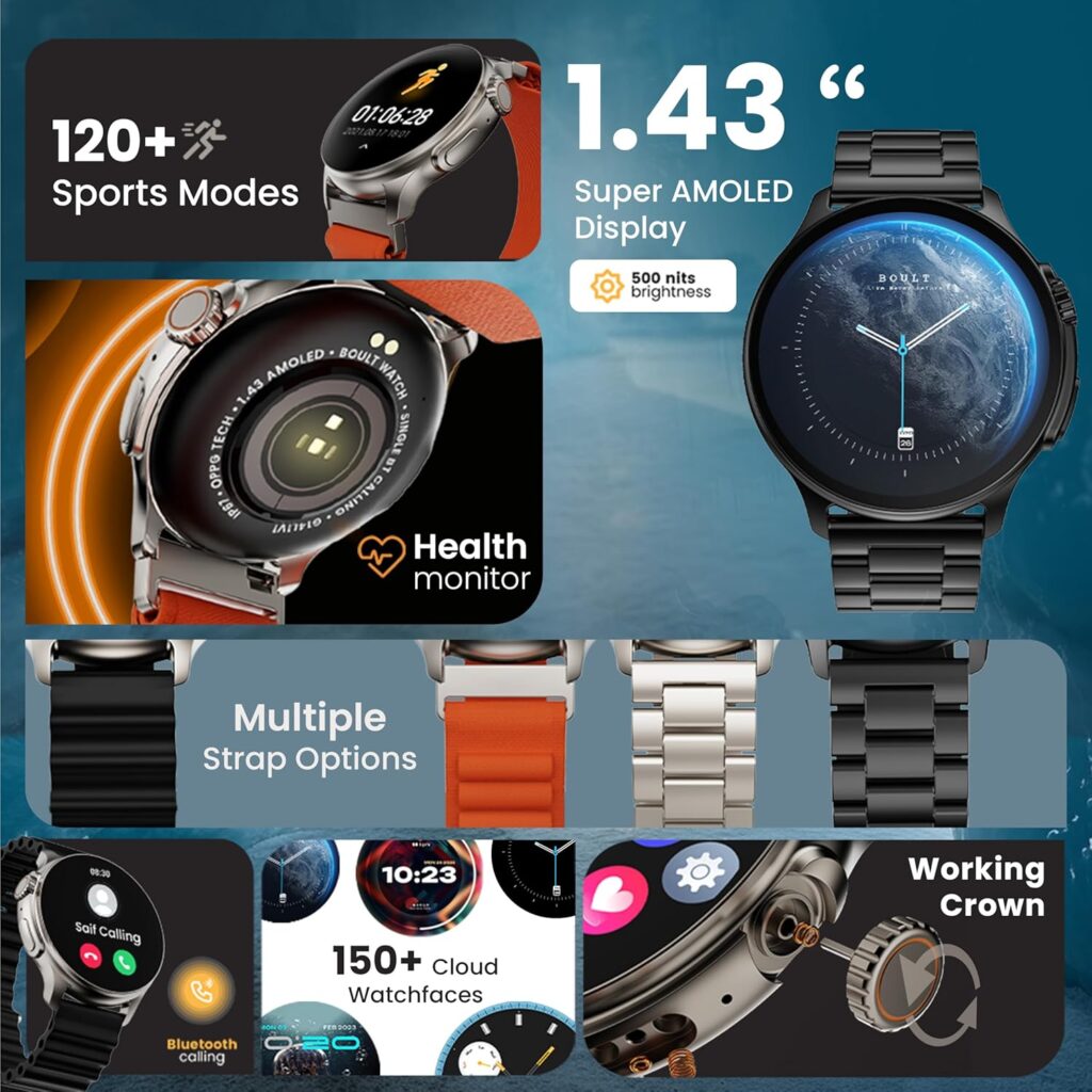 Boult GOBOULT Newly Launched Crown R Pro Smart Watch 1.43''HD AMOLED,BT Calling,Working Crown,Zinc Alloy Frame,600 Nits Brightness,AI Voice Assistant,SpO2 Monitoring,120+ Sports Mode(Metal Black)