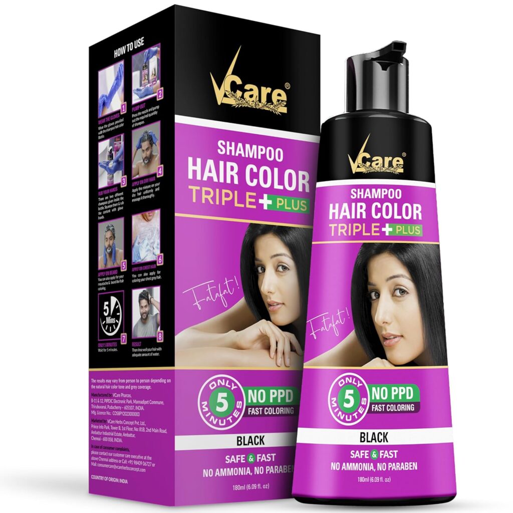 Vcare Shampoo Hair Colour, Black, 180ml For Unisex - 5 Minute Root Dye Coloring Kit, Salon-Like Color At Home