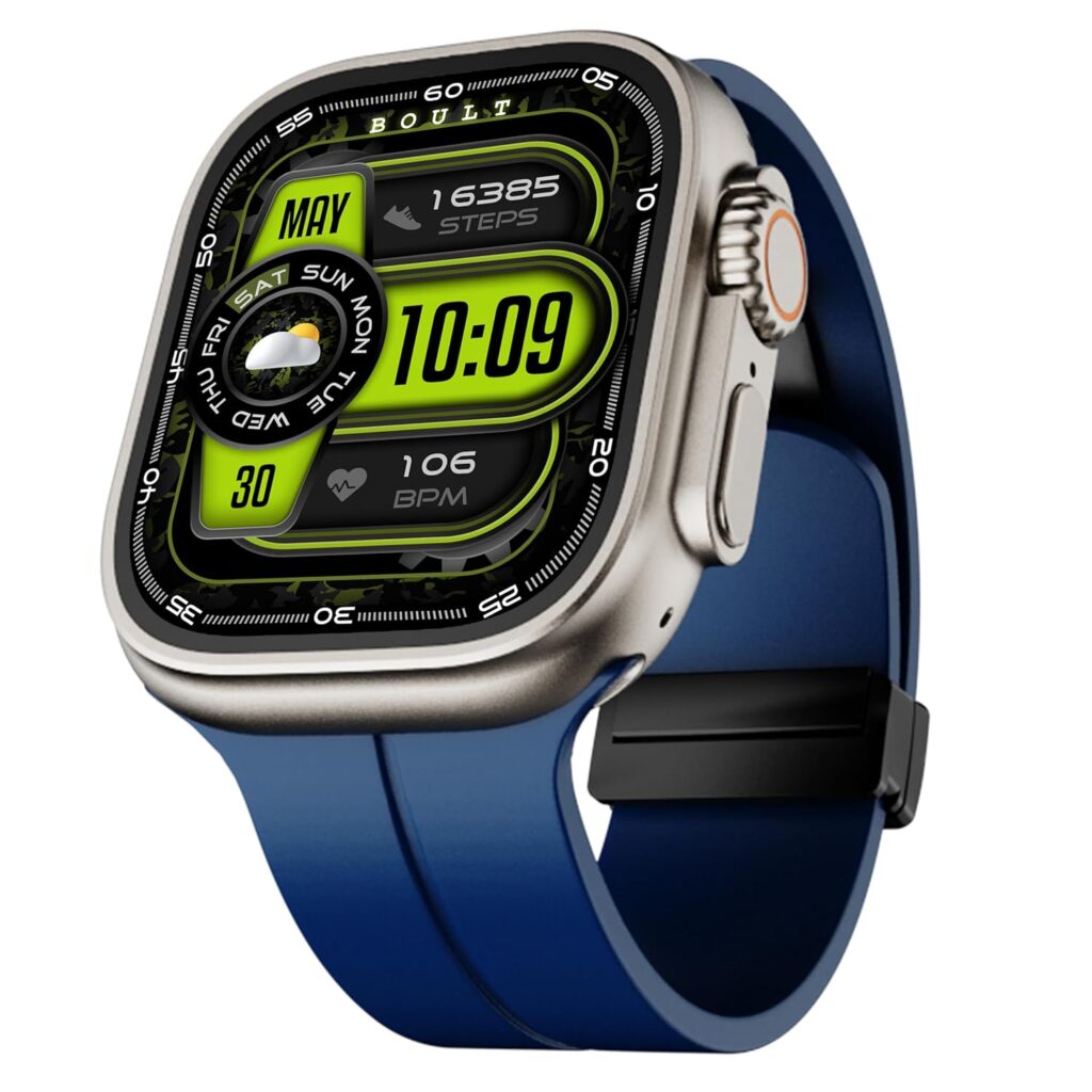 GOBOULT Newly Launched Crown Pro Smart Watch 2.01'' AMOLED, BT Calling, Working Crown, Zinc Alloy Frame, AI Voice Assistant, SpO2 Monitoring, 120+ Sports Mode (Blue)