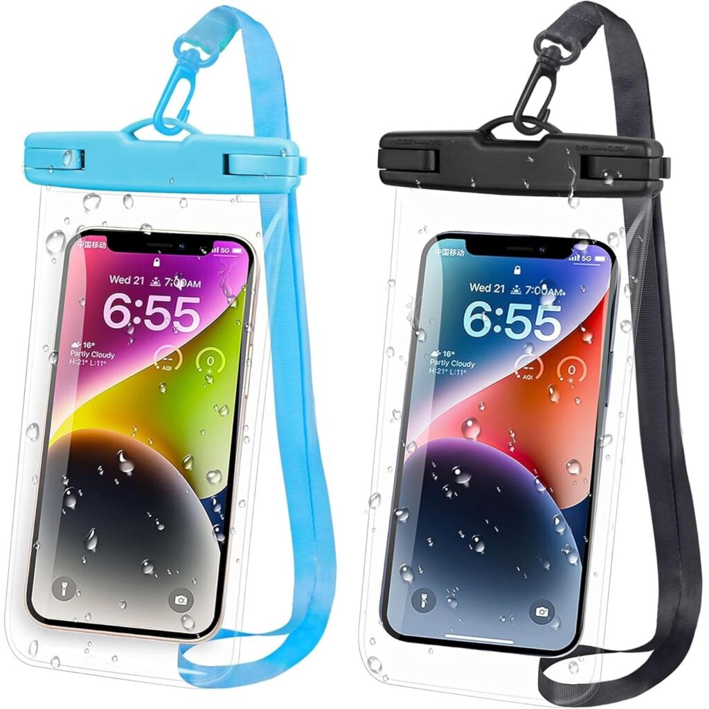 TARAVEE Waterproof Phone Pouch, IPX8 Universal Waterproof Phone Case Dry Bag with Lanyard for iPhone 14 13 12 11 Pro Max XR X XS SE 8 Plus Samsung S23 S22 Ultra S21 S10 S9 up to 7" (Black + Blue)