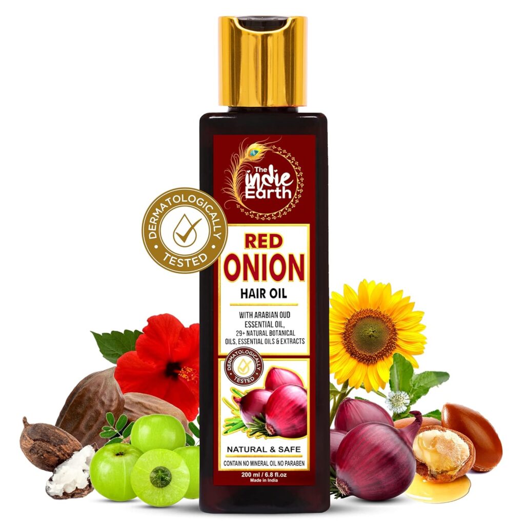The Indie Earth Red Onion Hair Oil 200ml | Anti Hair Fall & Hair Growth Oil with Black Seed, Curry Leaf, Hibiscus, Bhringraj & 29+ Natural Oils & Extracts