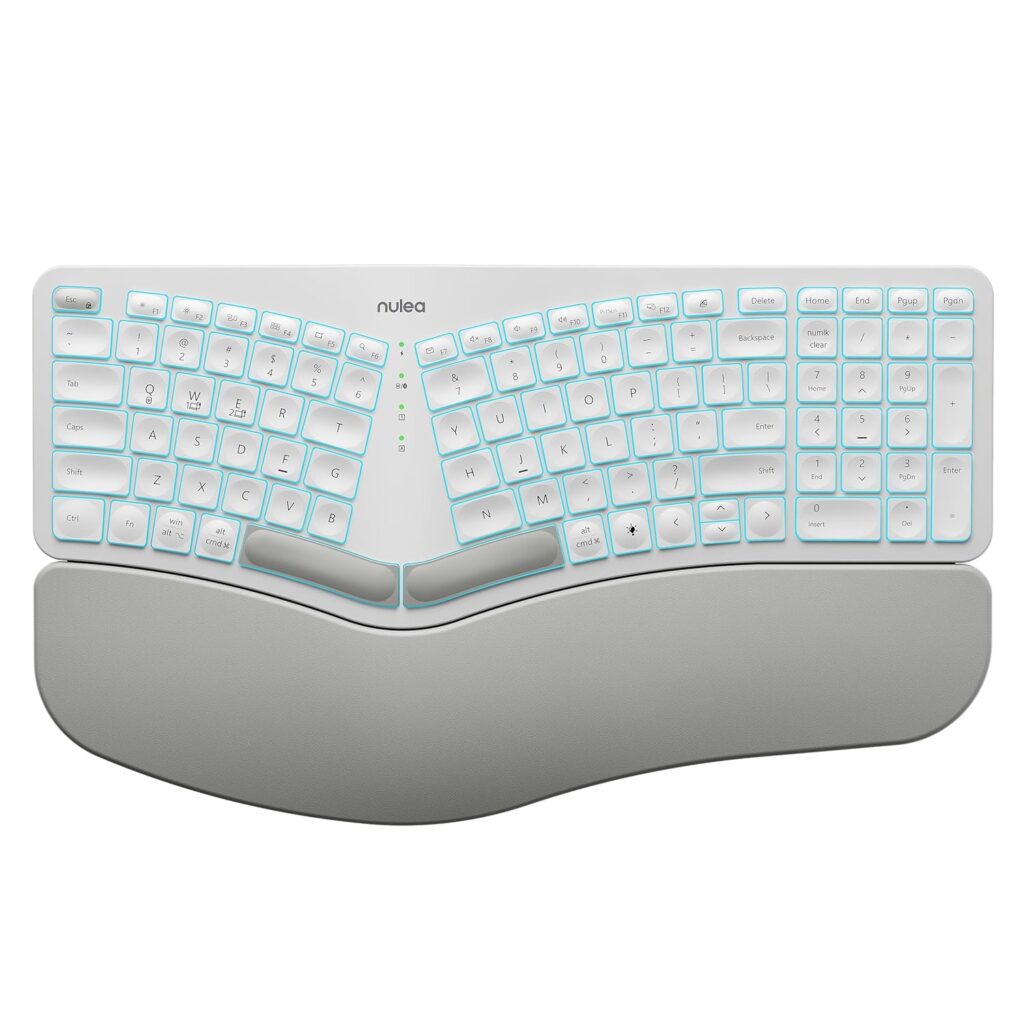 Nulea Wireless Ergonomic Keyboard, Split Keyboard with Wrist Rest, USB-C Charging, 7-Color Backlight, Natural Typing, Bluetooth and USB Connectivity, Compatible with Windows/Mac