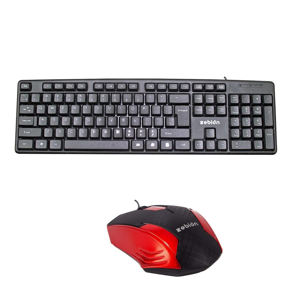 Zebion K500 USB Keyboard 102 Keys, Ruppee Key, Tested 1 Billion Keystrokes, Swag USB Mouse Comes with Latest Optical Technology, 800 DPI Resolution and Pronto USB 4 Hub Port (Black-Red)
