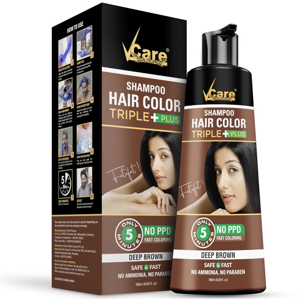 VCare Shampoo Hair Colour Shampoo, Deep Brown 180ml for Women and Men | Only 5 Minute Root Hair Dye | No Parabens, Ammonia And Sulfates