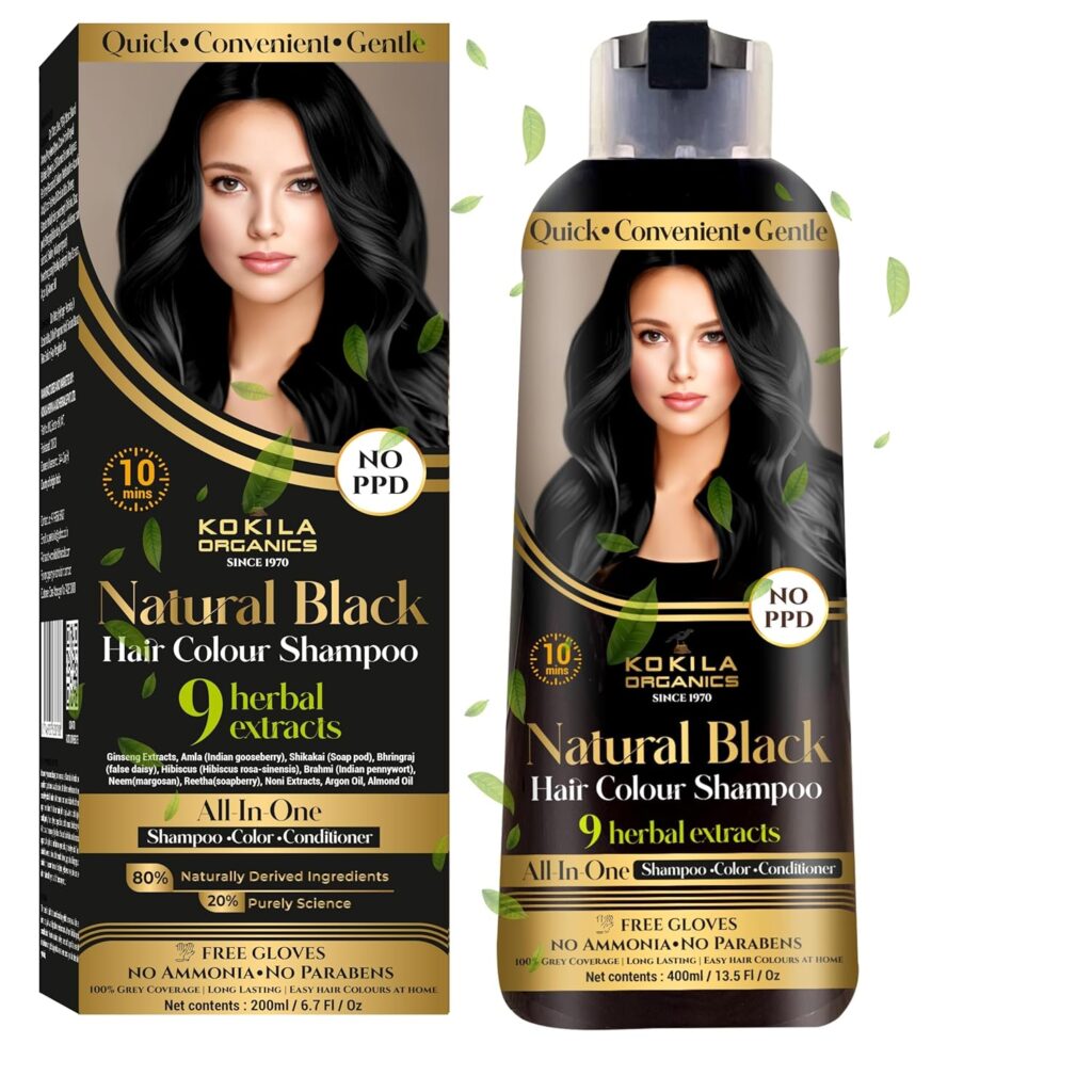Kokila NO PPD Shampoo Hair Colour | Natural Extracts | Colours Hair in 10 Minutes | Ammonia Free, Paraben Free - 10 Pair Free Gloves - Black 400ml for Unisex