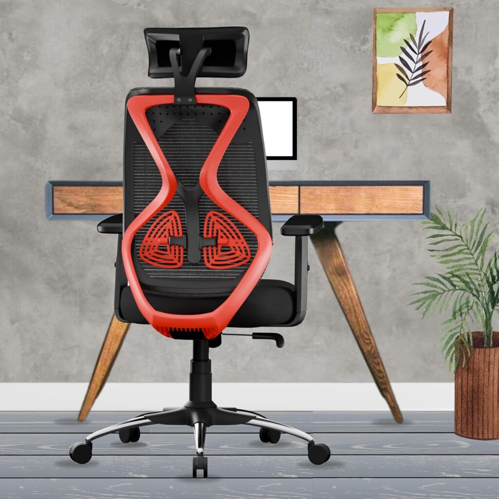 beAAtho Dusk Ergonomic High Back Office Chair 2D Adjustable Arm, Headrest, Lumbar Support, Metal Base Revolving Mesh Chair - Home & Office | 3 Years Warranty (Red)