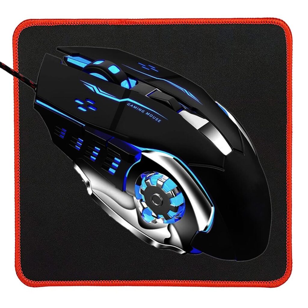 MESHIV TJ-1 Gaming Mouse with Mouse Pad Combo | Wired USB 2.0 | RGB Mice, 3200 DPI LED Backlight 6 Button, 4 Color Breathing Lights with 1.5M Cable for PC, Laptop, Desktop, Gamers (Black)