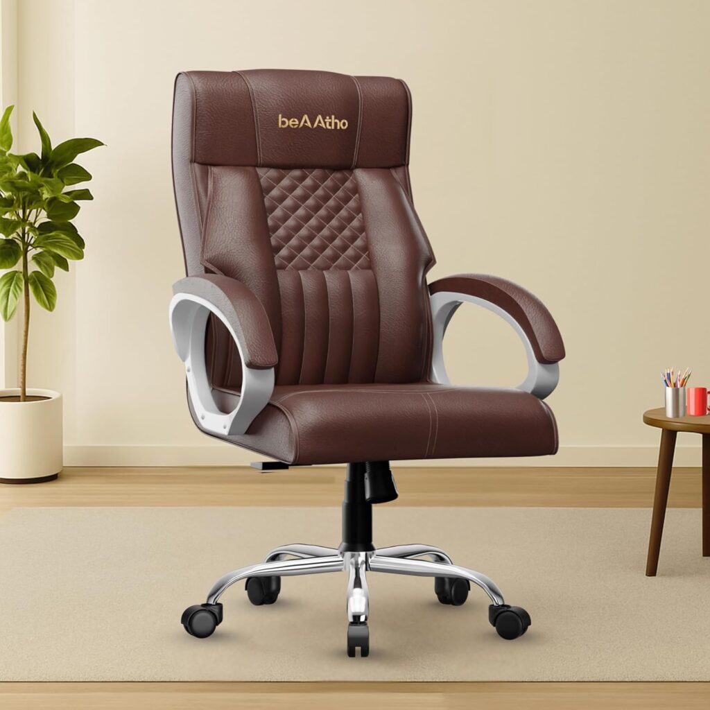 beAAtho® Oxford Leatherette Office Chair with 3 Years Warranty, Ergonomic Leather Orthopedic Executive Boss Chair with Spacious Cushioned Seat | Heavy Duty Metal Base | High Back (Brown)