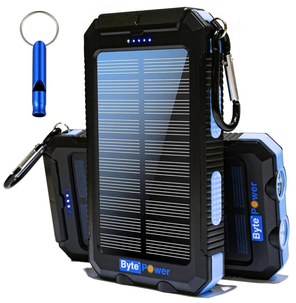 BytePower SolarCharger Power Bank 20000mAh, Portable Solar Pone Charger with Compass,Carabiner, Whistle,Flashlights,Solar Panel Charger,Camping Gear Accessory (Blue)