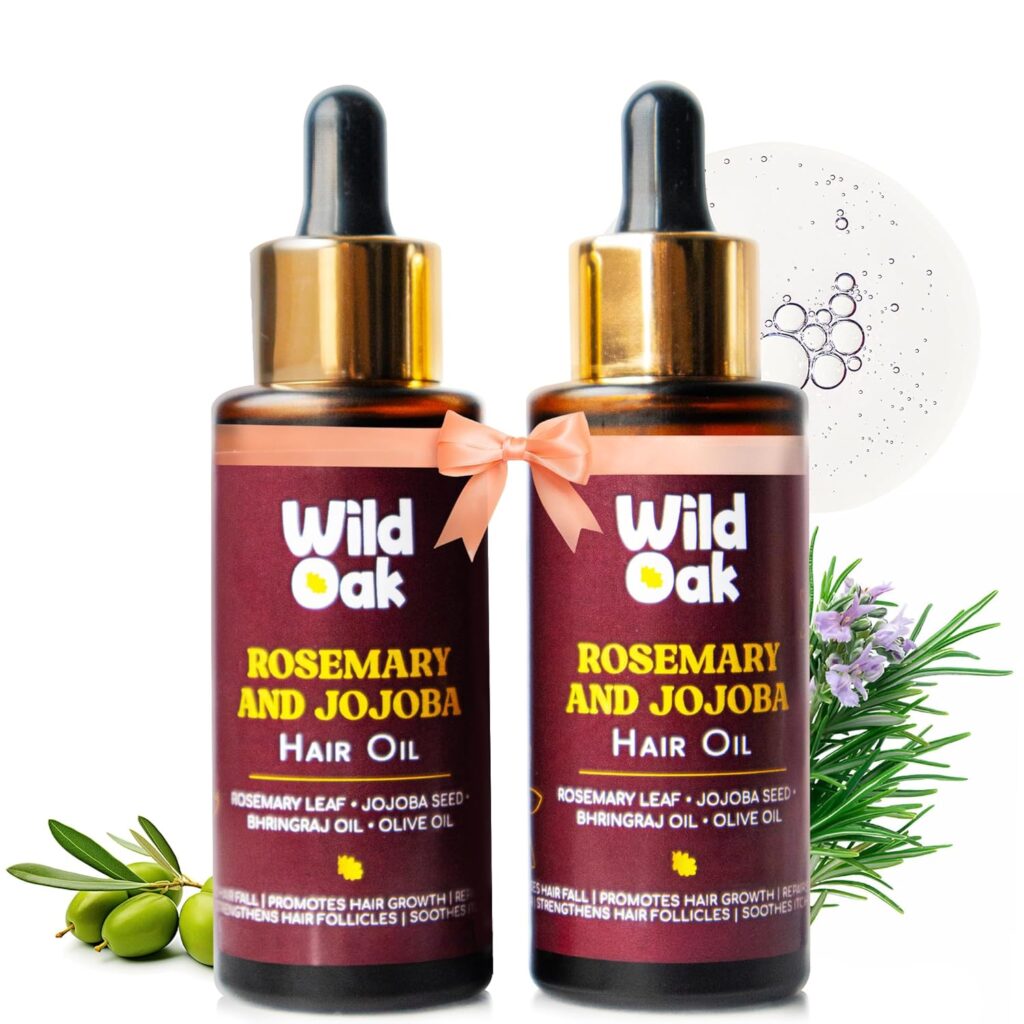 WildOak Rosemary, Bhringraj & Jojoba Hair Oil | Olive Extracts | Hair Growth, Strenghthening Hair Follicles, Hair Fall, Hair Damage Recovery & Nourishment | 50ml - Pack of 2