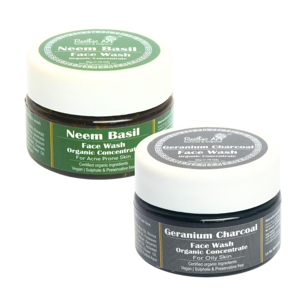 Rustic Art Face Wash Concentrates Pack of 2 | Neem Basil Deep Pore Cleansing | Geranium Charcoal Oil Control | Triple-Concentrated Formula | Oily Acne-Prone Skin | 50g Each