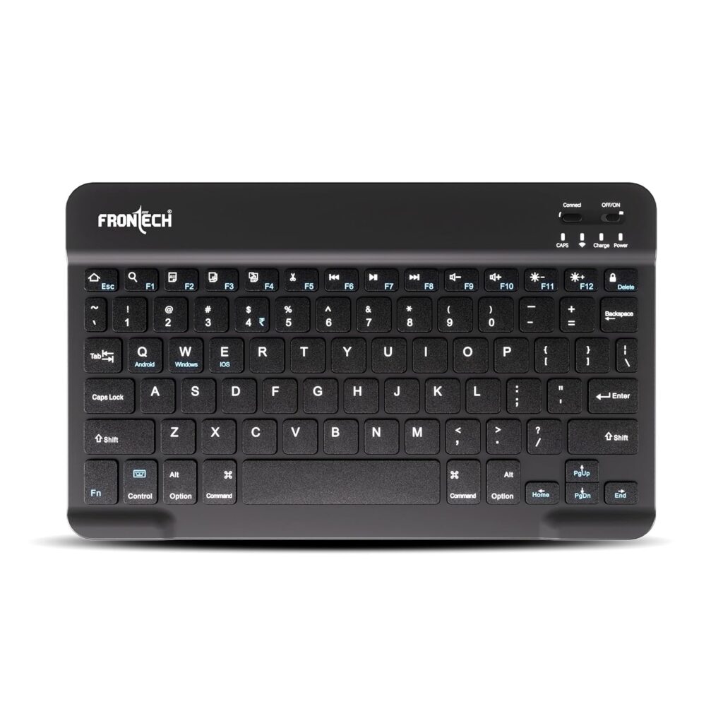 FRONTECH FT-1603A Ultra-Slim Wireless Mini Bluetooth Keyboard with 78 Keys, Rechargeable Battery, Compact Design for Windows/Mac/Android/iOS – Black