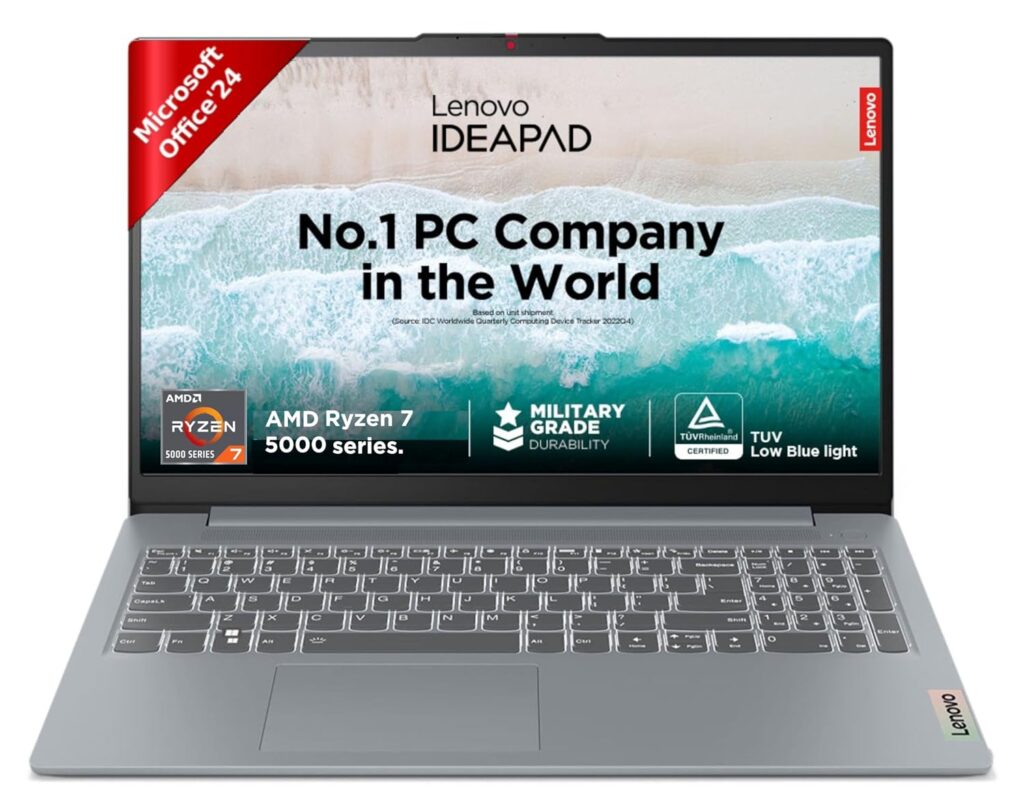 Lenovo IdeaPad Slim 3 Ryzen 7 5825U 15.6" (39.6cm) FHD Thin and Light Laptop (16GB RAM/512GB SSD/Integrated AMD Radeon Graphics/Windows 11/Office Home 2024/Grey/1.6Kg), 82XM00MVIN