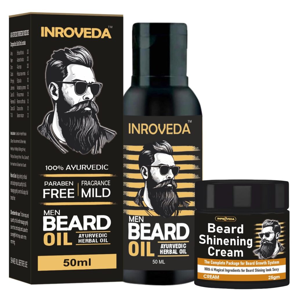 Inproveda Men Beard Oil 50ml | Ayurvedic Herbal Oil for beard growth, longer, best for curly, smooth, patchy, grey hair to black & fast growth for Men 50ml