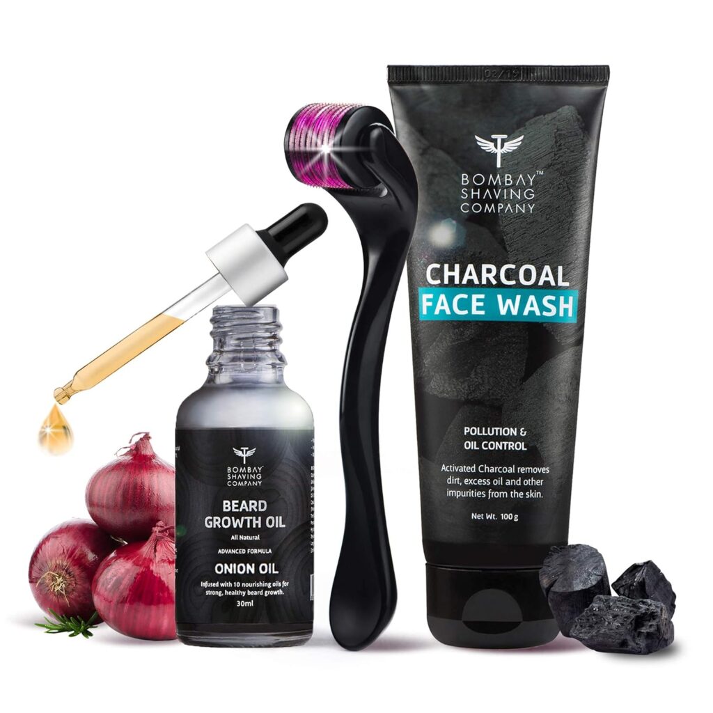 Bombay Shaving Company Beard Growth Kit | Beard Growth Oil, 30 ML | Charcoal Face Wash, 100g | Beard Activator (Derma roller) For Fast Beard Growth | Set Of 3