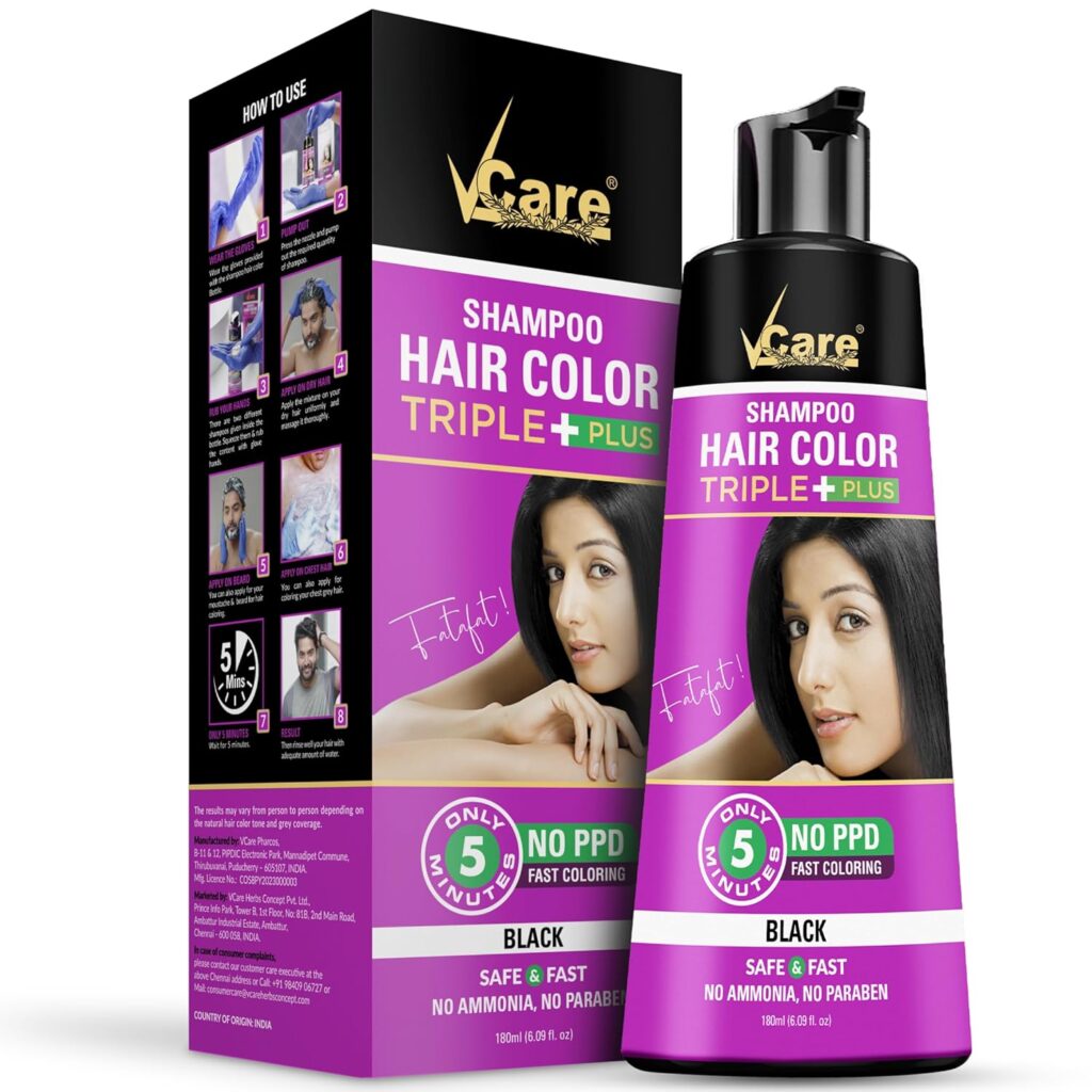 VCare Shampoo Hair Colour - 180 Ml Black for Men & Women | Only 5 Minute Hair Coloring Kit | Pump Pack | Enriched with growth factors & antioxidants, Ammonia free, Sulphate free